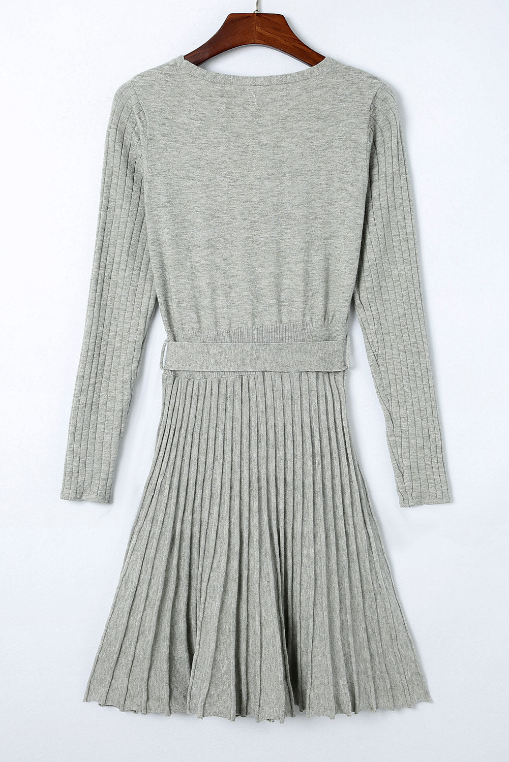 Brown Belted Wrap V Neck Ribbed Pleated Sweater Dress