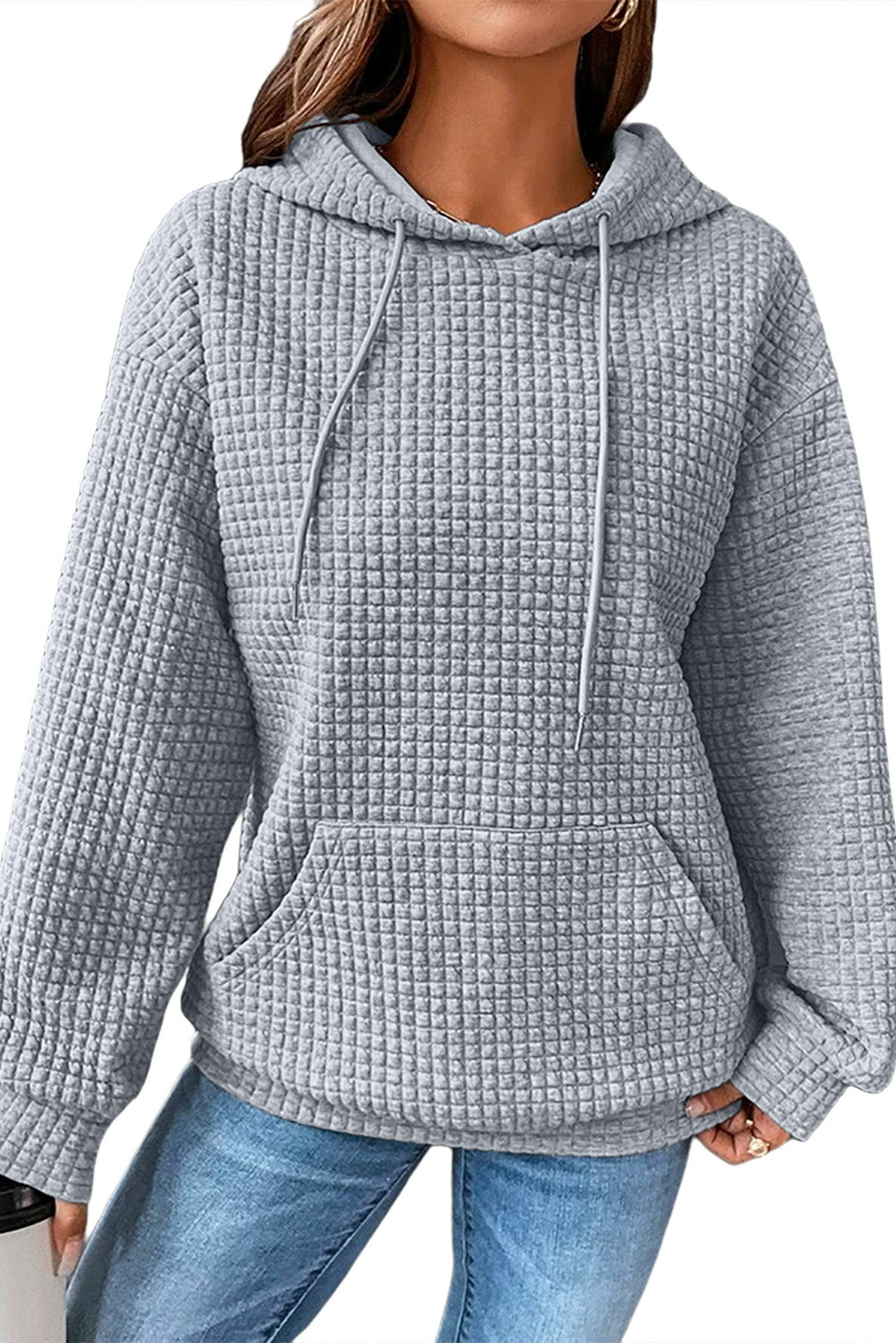 Khaki Lattice Textured Kangaroo Pocket Drawstring Hoodie