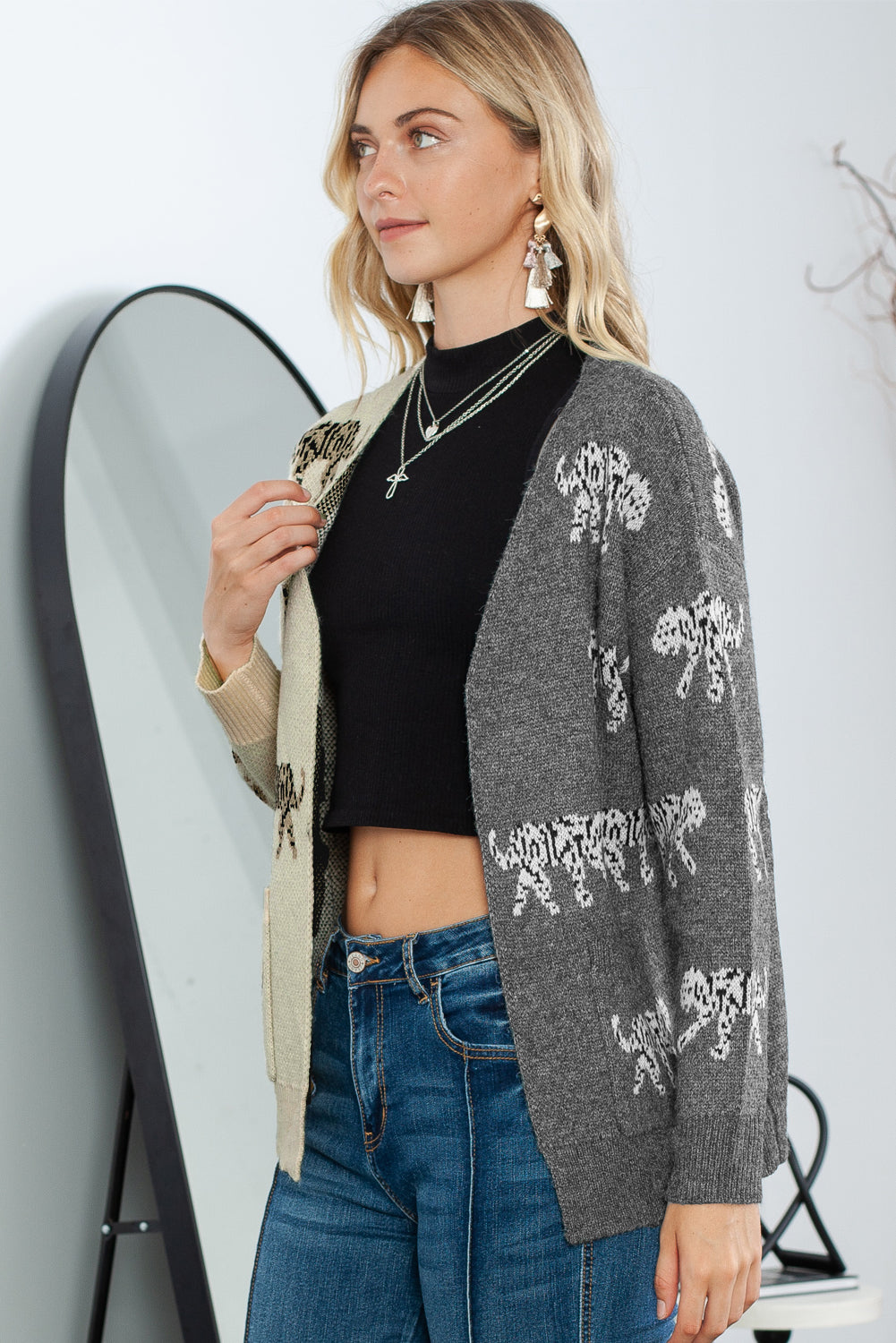 Animal Print Color Block Open Front Knitted Cardigan with Pockets