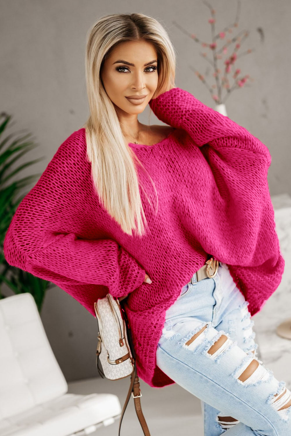 Apricot Knitted V Neck Drop Sleeve Oversized Sweater