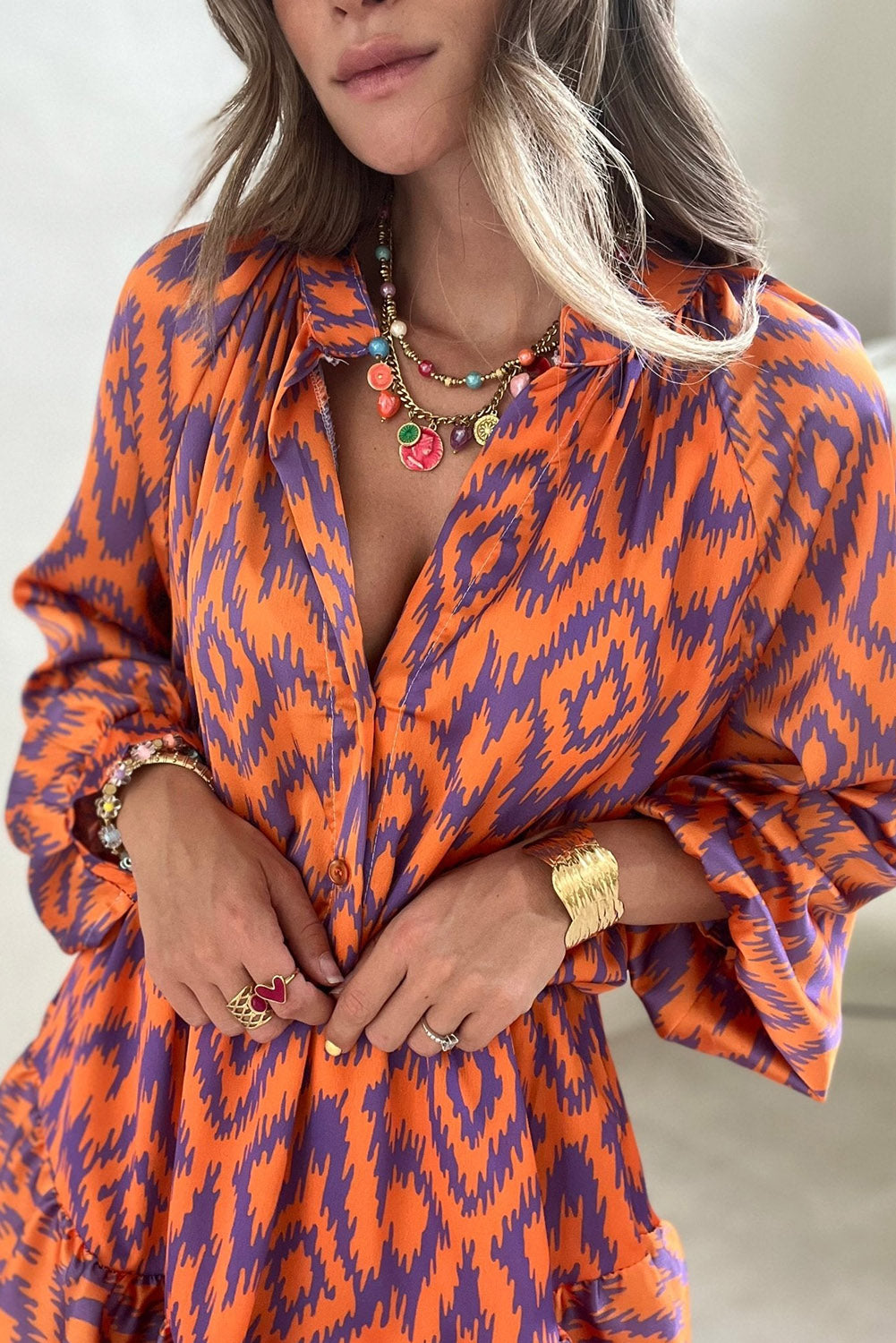 Orange Geometric Bubble Sleeve High Waist Romper
