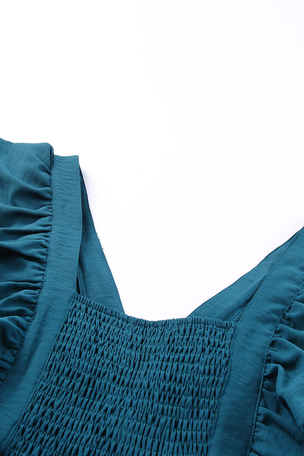 Blue Ruffle Trim V Neck Casual Smocked Back Mini Dress