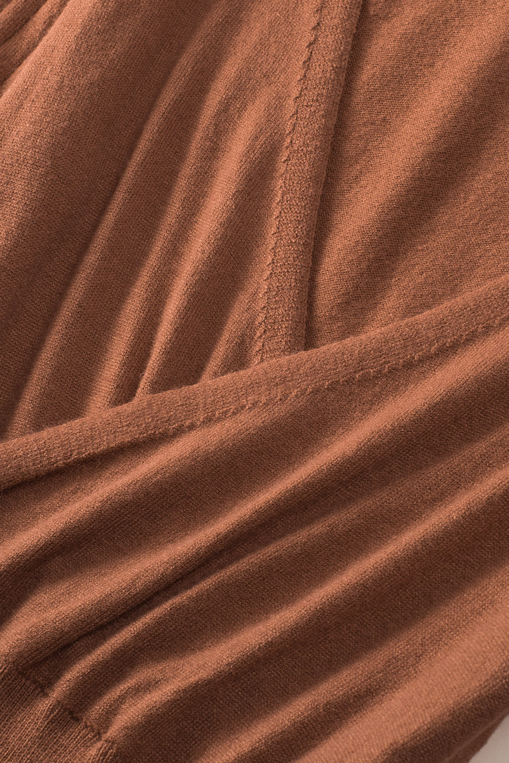 Brown Belted Wrap V Neck Ribbed Pleated Sweater Dress