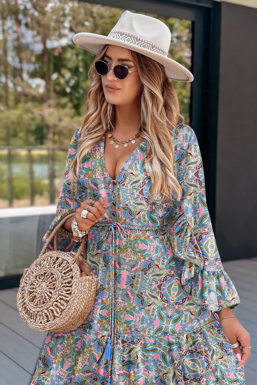 Green Paisley Print Boho Ruffle Trim Tied Maxi Dress