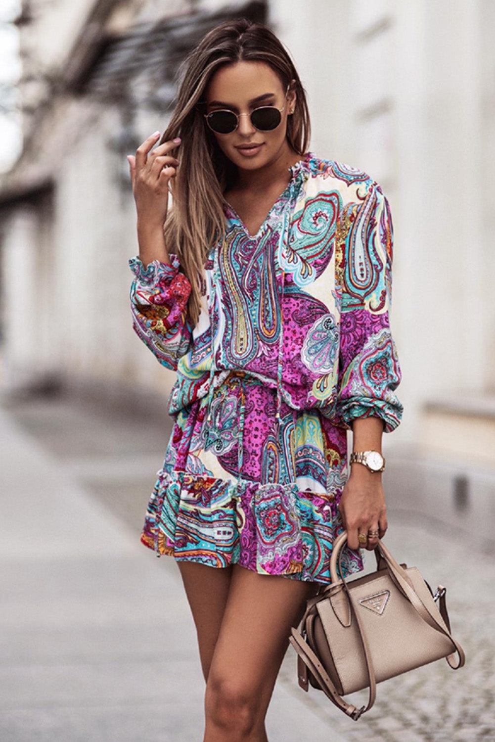 Multicolor Abstract Print Casual V Neck Short Dress