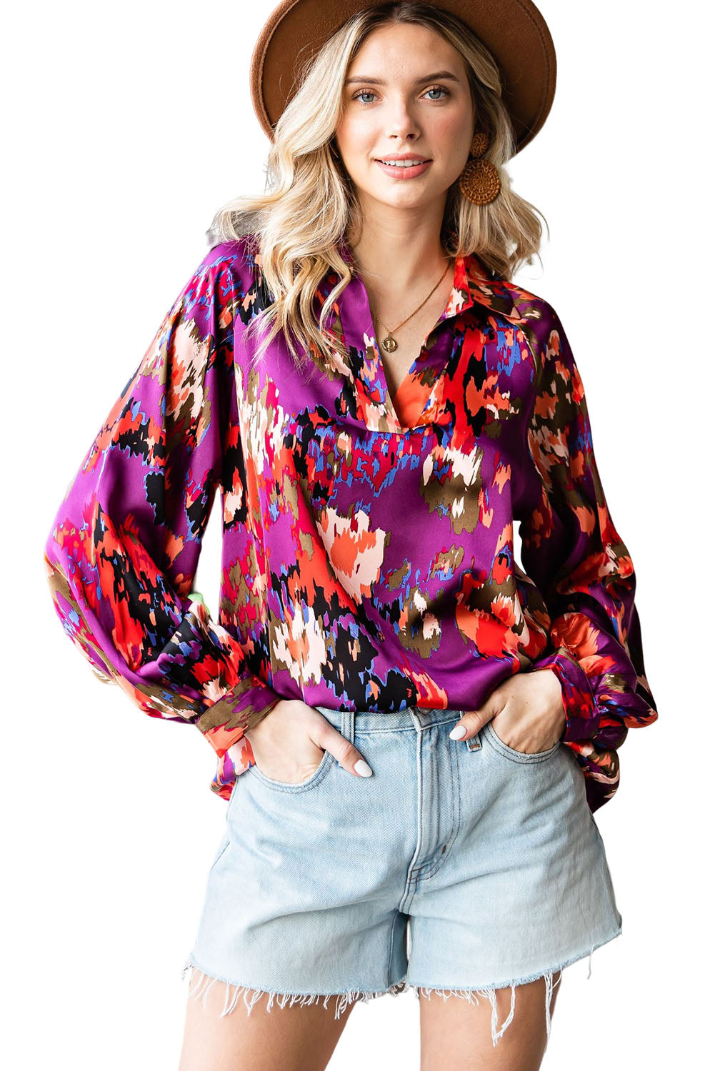 Green Graffiti Colorblock Casual V Neck Puff Sleeve Blouse