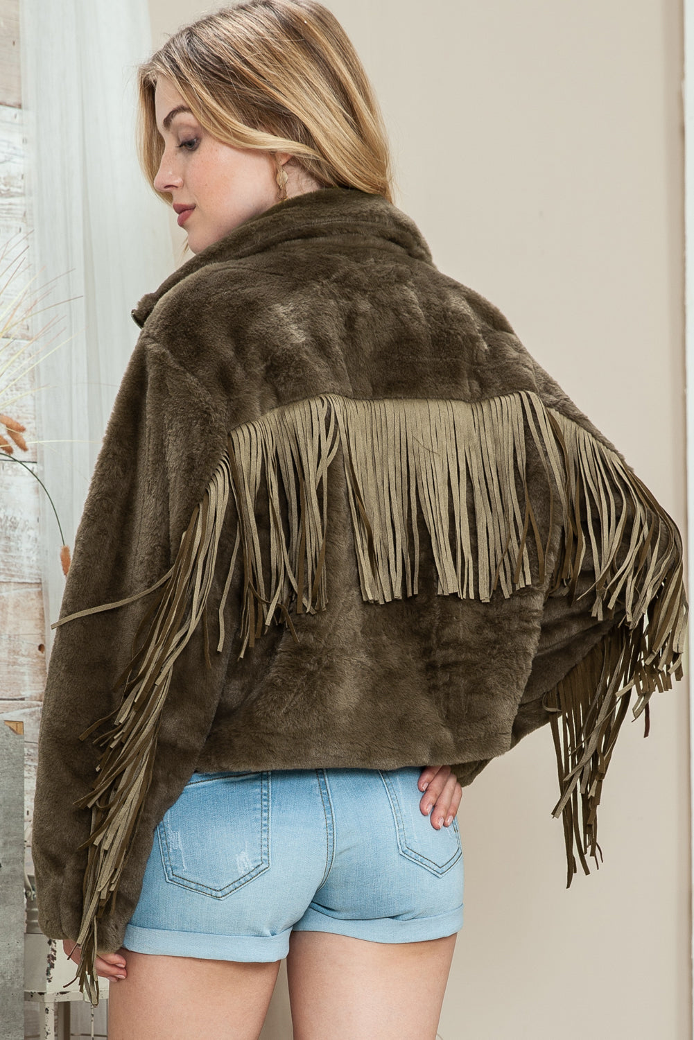 Pink Fringed Full Zipper Fleece Jacket