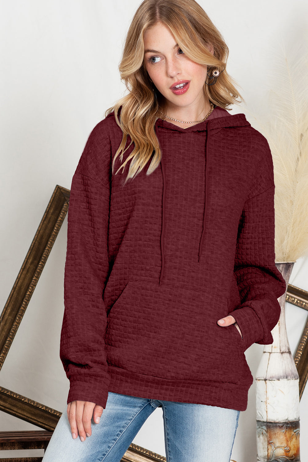 Khaki Lattice Textured Kangaroo Pocket Drawstring Hoodie