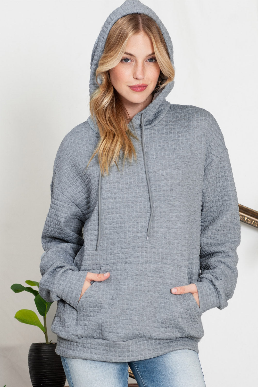 Khaki Lattice Textured Kangaroo Pocket Drawstring Hoodie