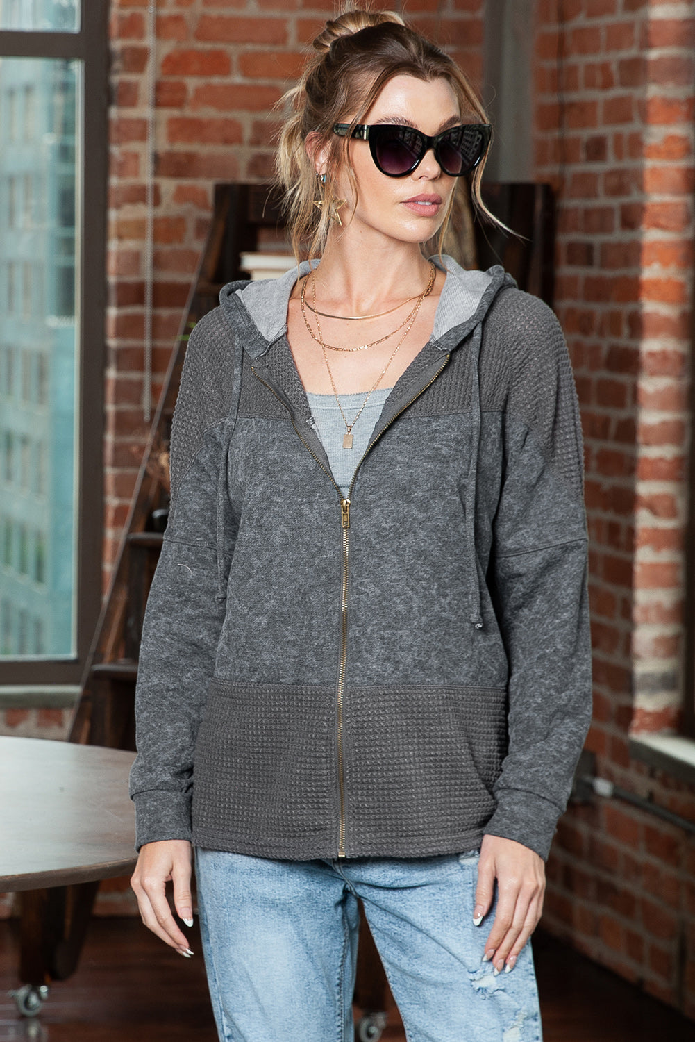 Khaki Dark Washed Patchwork Zip Up Hooded Jacket