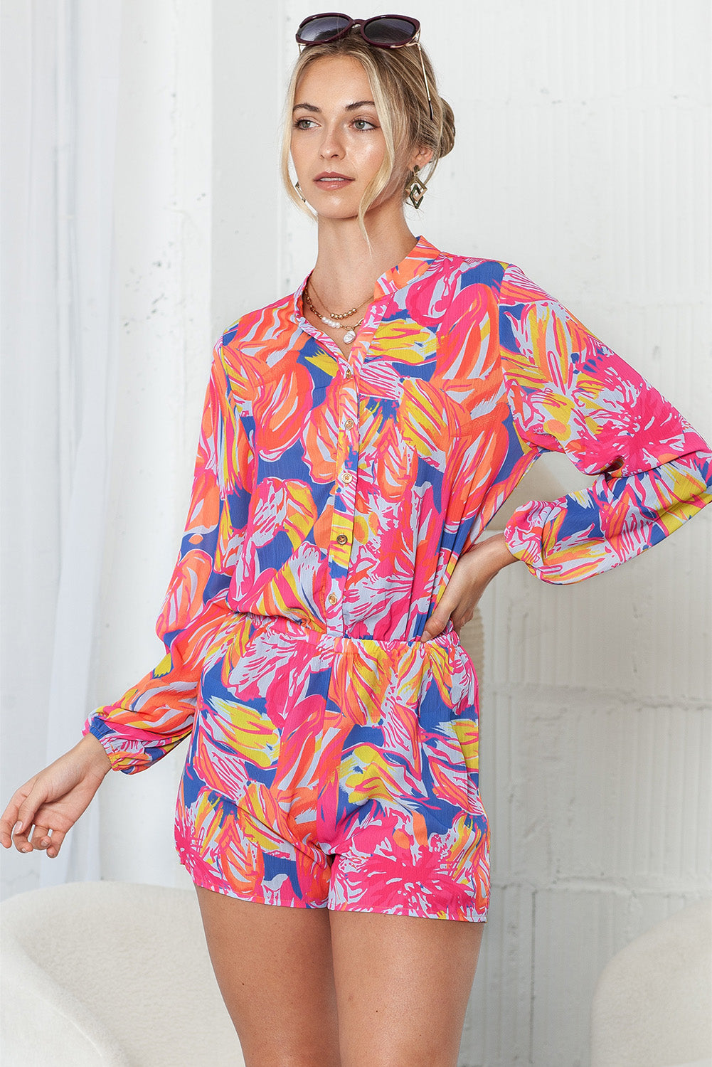 Multicolor Abstract Print Notch Neck Short Romper for Women