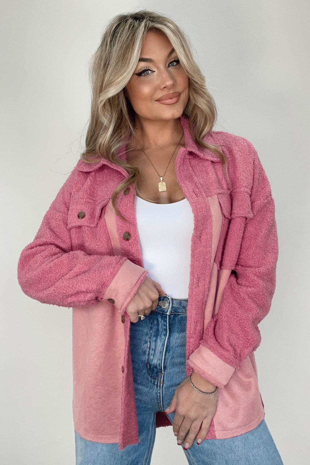 Pink Colorblock Buttoned Flap Pocket Sherpa Jacket