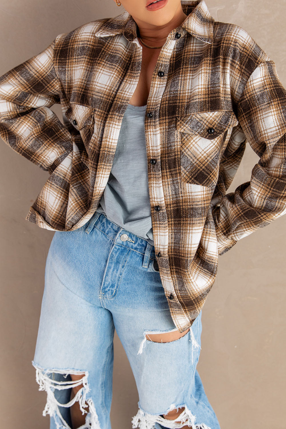 Black Button Up Collared Plaid Shacket