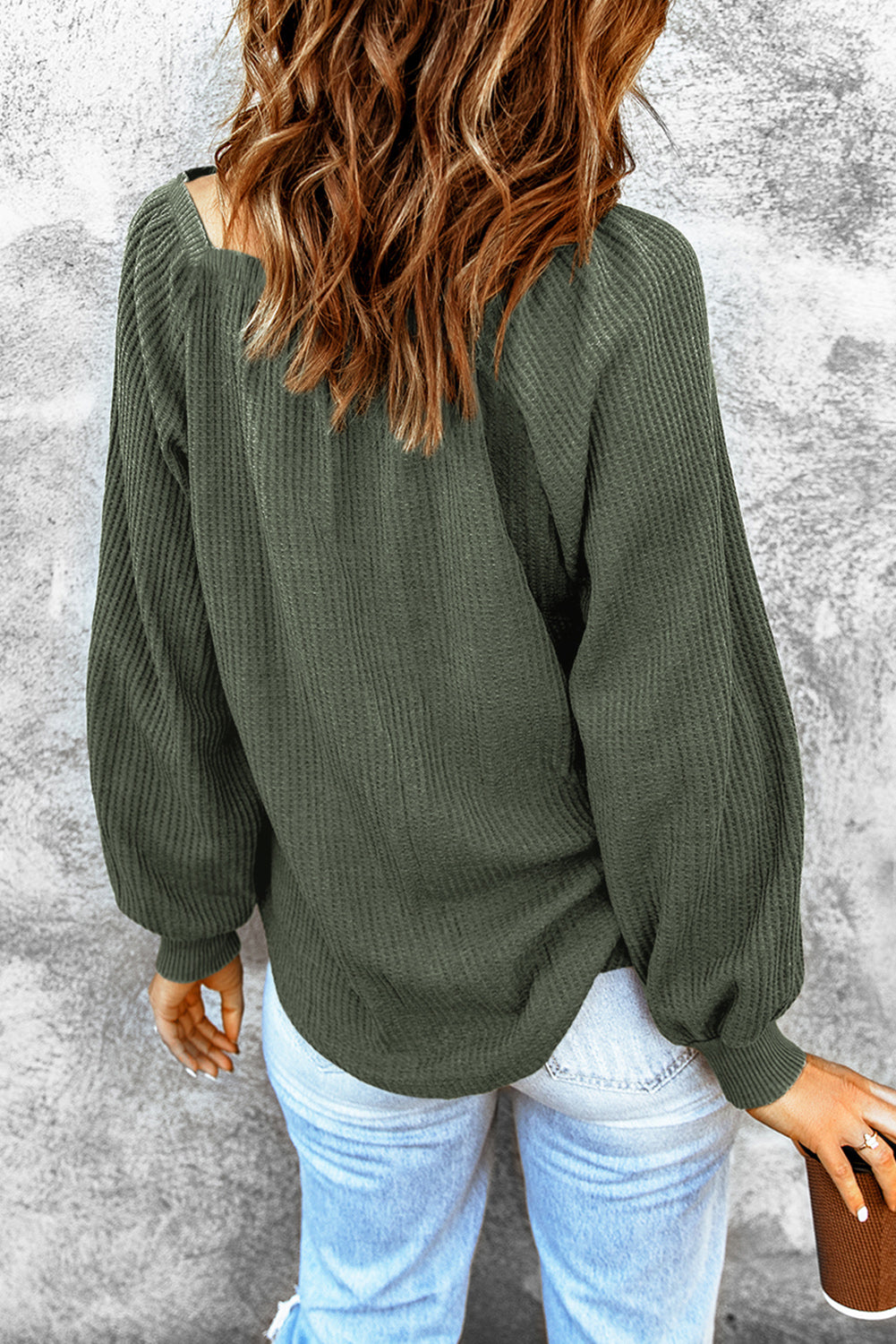 Pink Waffle Texture Casual Square Neck Pullover Top