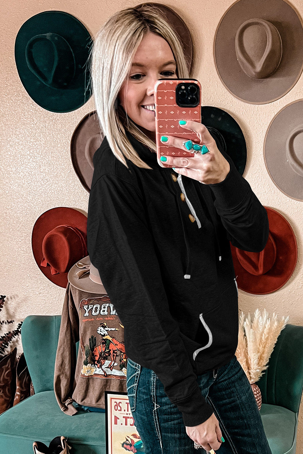 Beige Drawstring Kangaroo Pocket Henley Hoodie