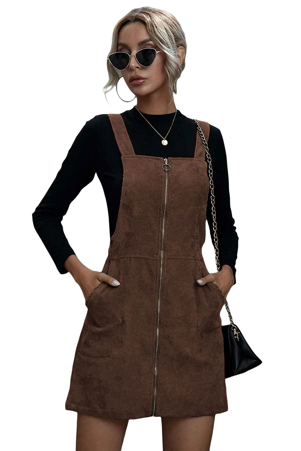 Brown Pockets Zip Up Ribbed Overall Dress