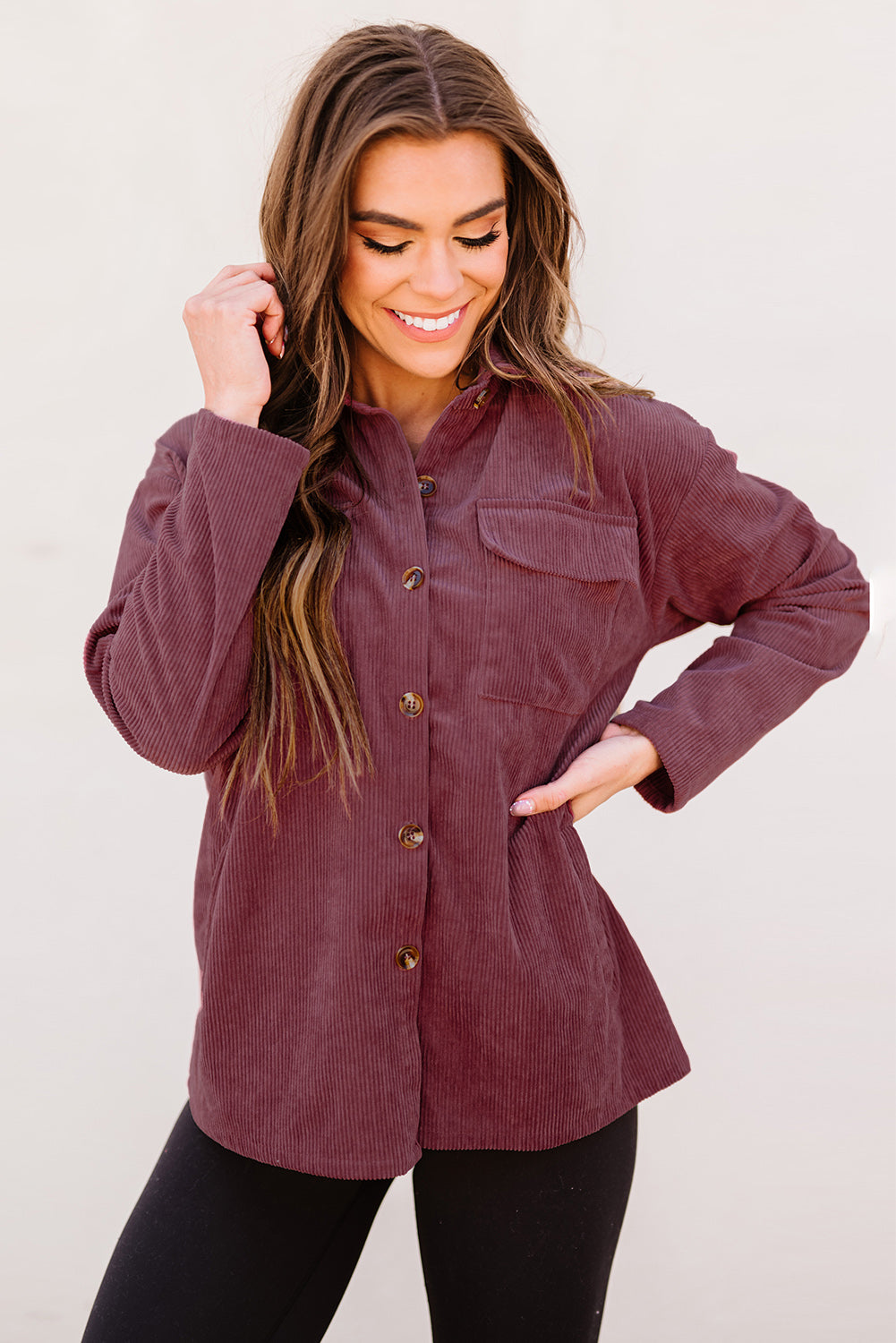 Pocketed Button Ribbed Textured Shacket