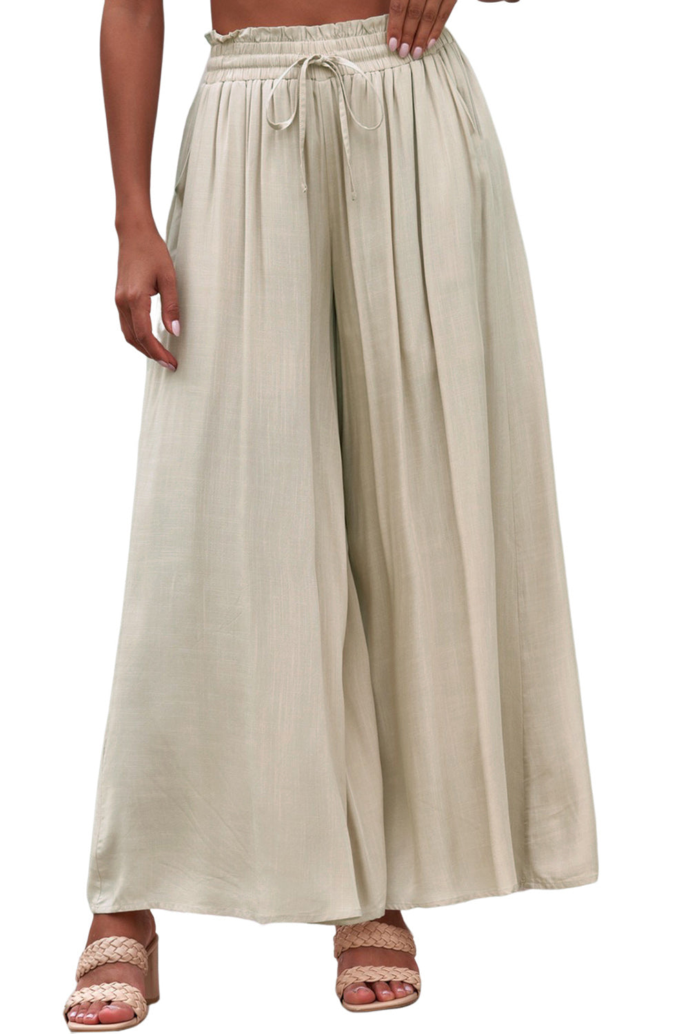 Beige Drawstring Smocked High Waist Wide Leg Pants