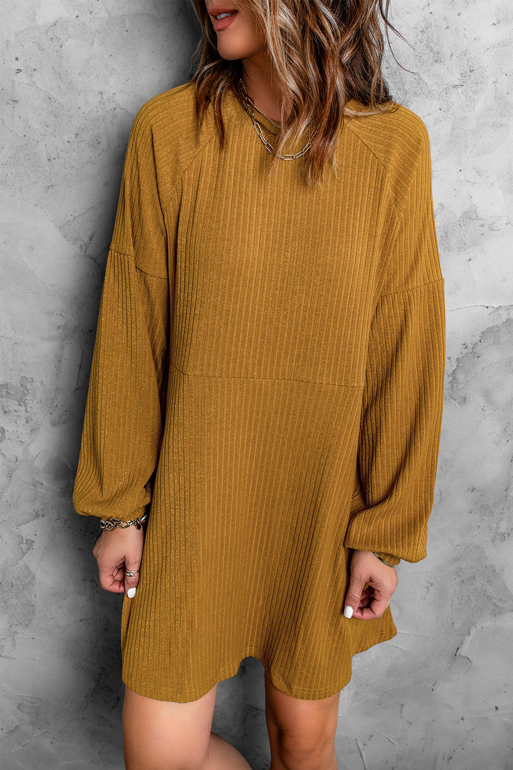 Black Round Neck Empire Waist Ribbed Short Knit Dress