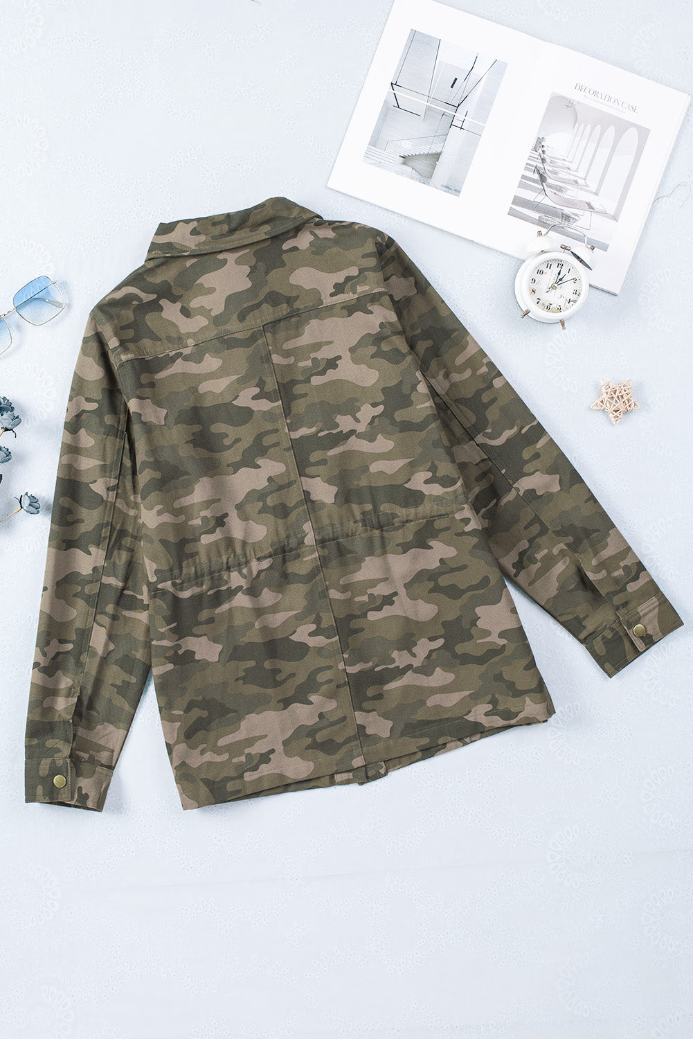 Green Camo Print Pockets Button Up Jacket