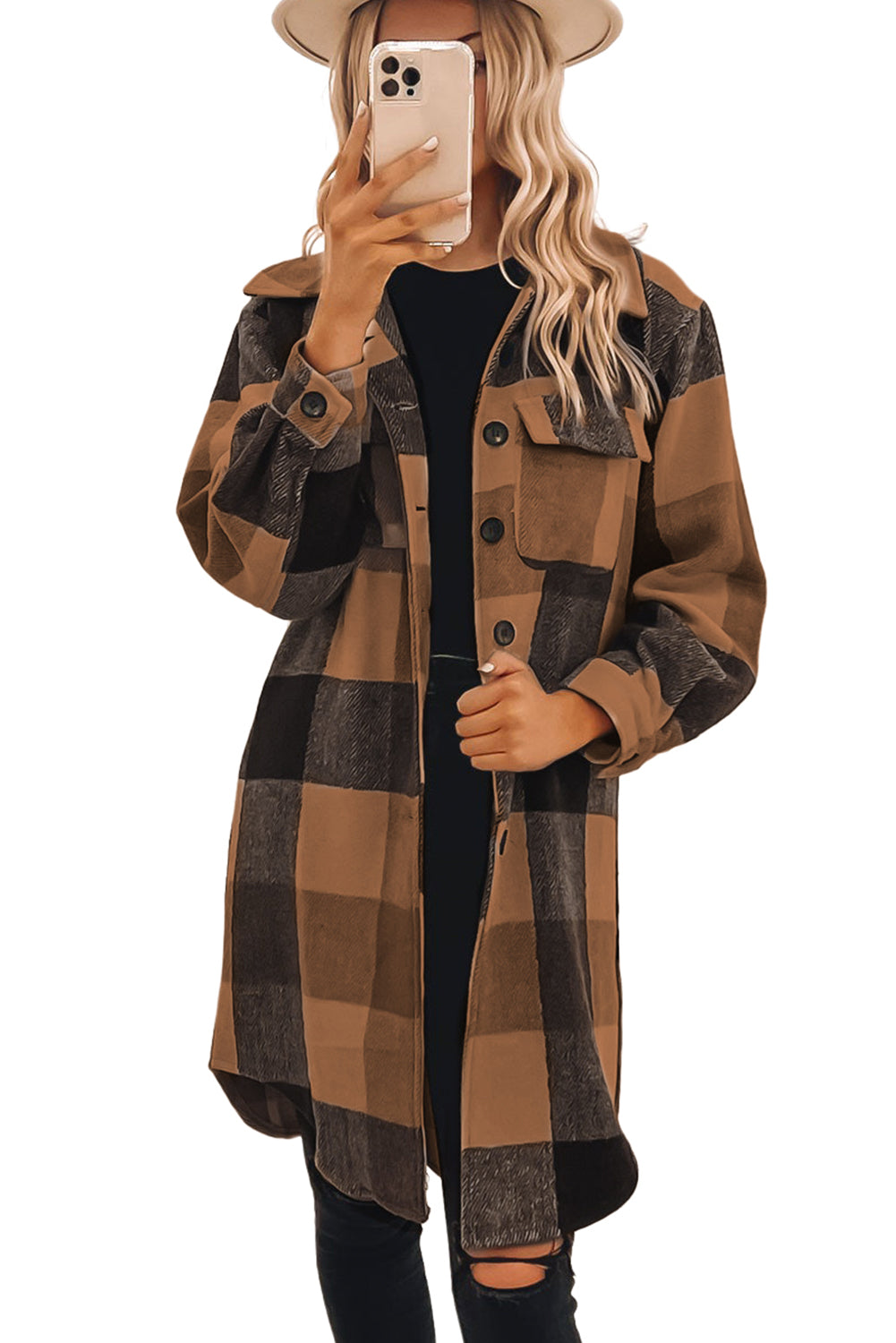 Khaki Plaid Colorblock Button Down Flap Pocket Long Shacket