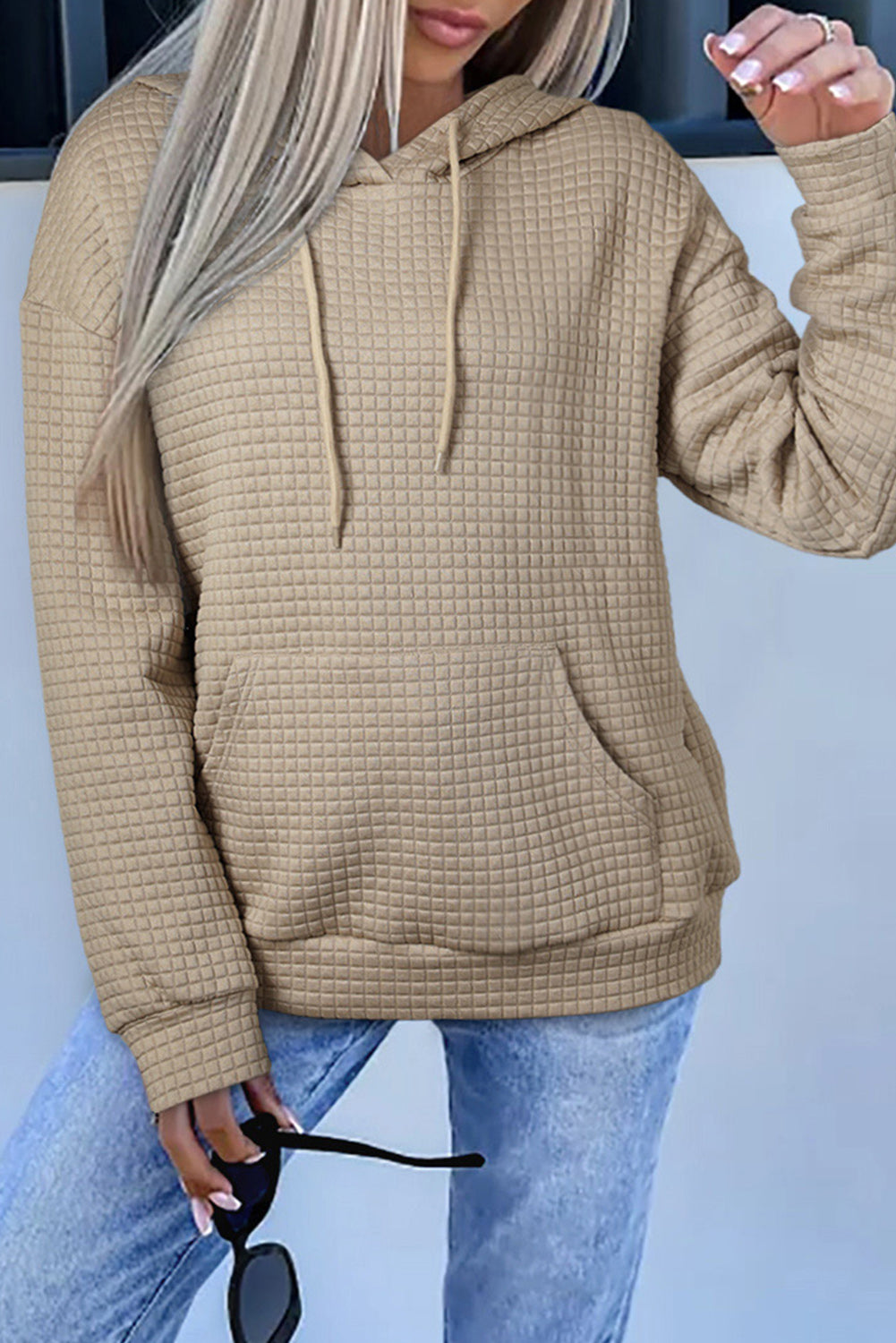 Khaki Lattice Textured Kangaroo Pocket Drawstring Hoodie