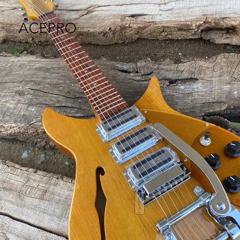 Alder Body 325 F hole Semi-Hollow Body Electric Guitar,, 3 Pickups, Tremolo 20.75" Scale (Light Yellow)