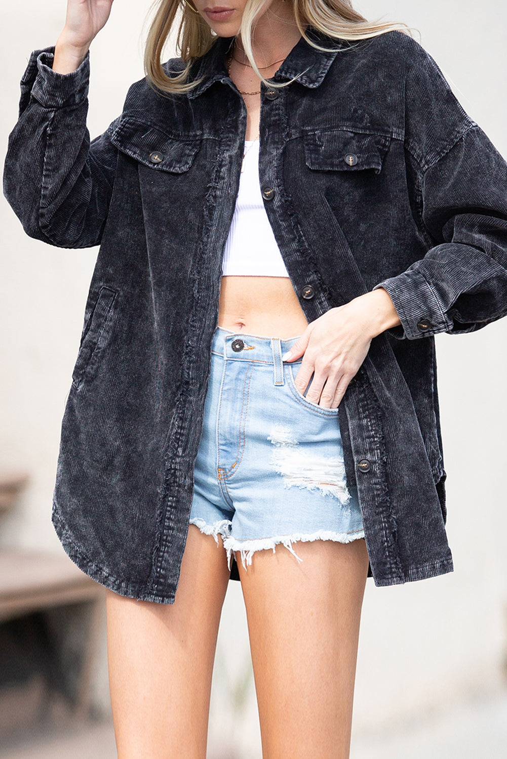 Khaki Vintage Distressed Mineral Wash Oversized Shacket