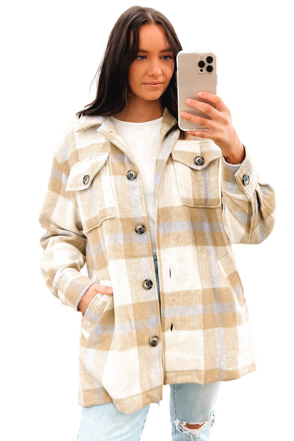 Black Plaid Button-Up Flap Pocket Belted Jacket