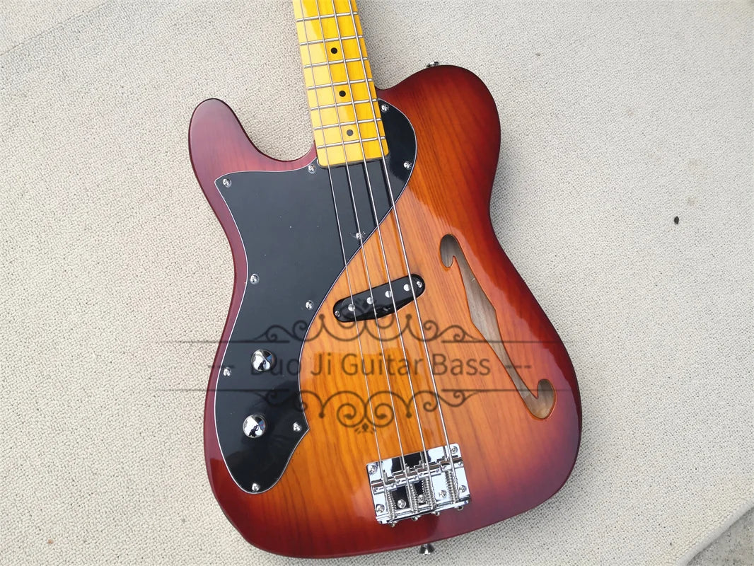 Left hand 4 Strings ASH Wood Semi Hollow Bass Guitar - Sunburst with Yellow Neck