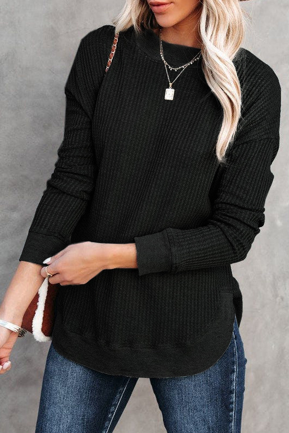 Black Crew Neck Ribbed Trim Knit Long Sleeve Top