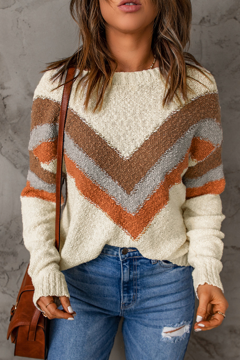 Chevron Striped Drop Shoulder Long Sleeve Pullover Sweater