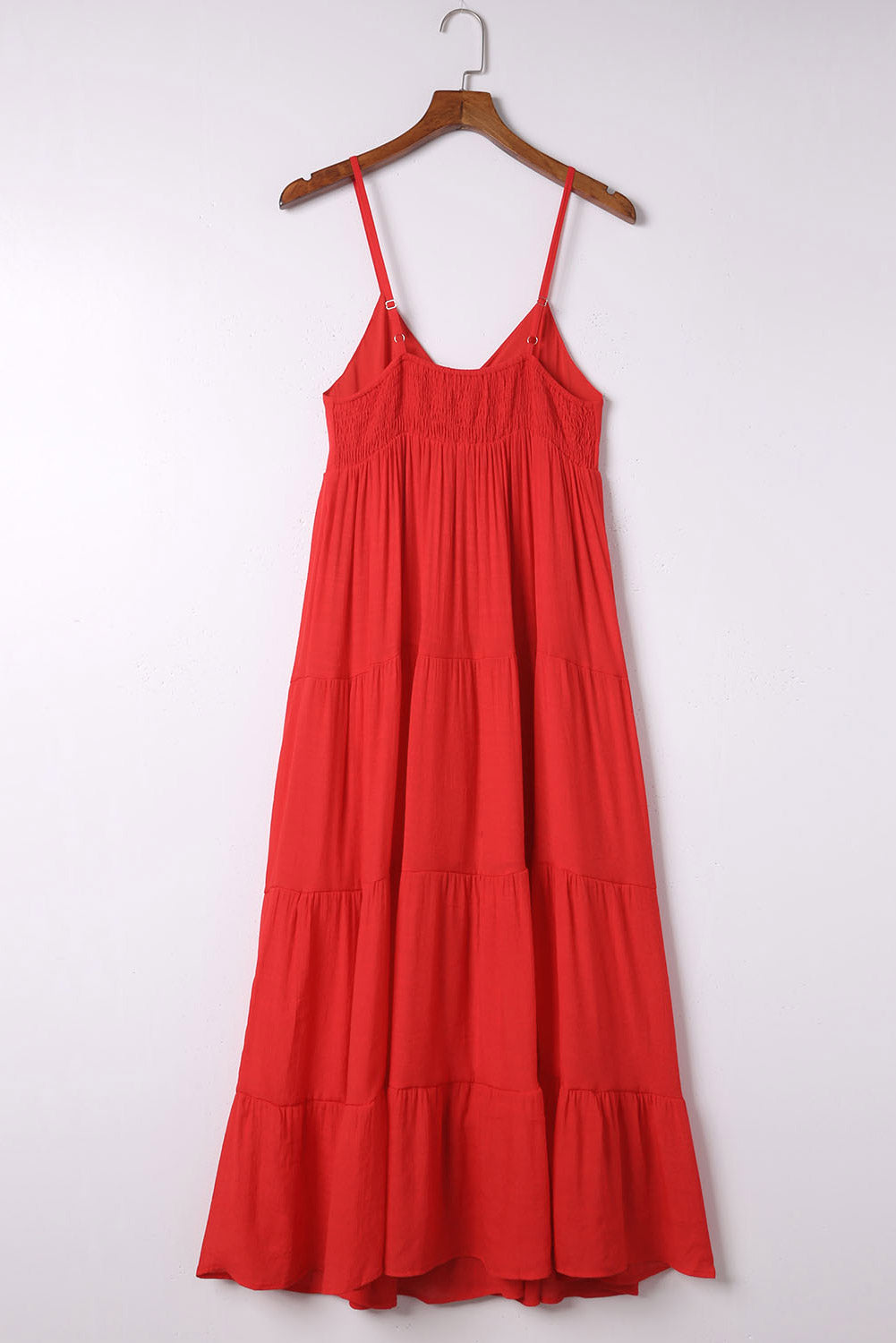 Red O-ring Smocked Back Spaghetti Straps Tiered Boho Dress