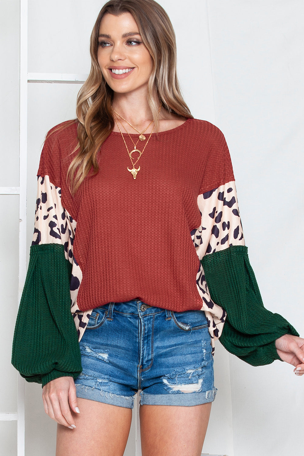 Brown Waffle Leopard Splicing Bishop Sleeve Top