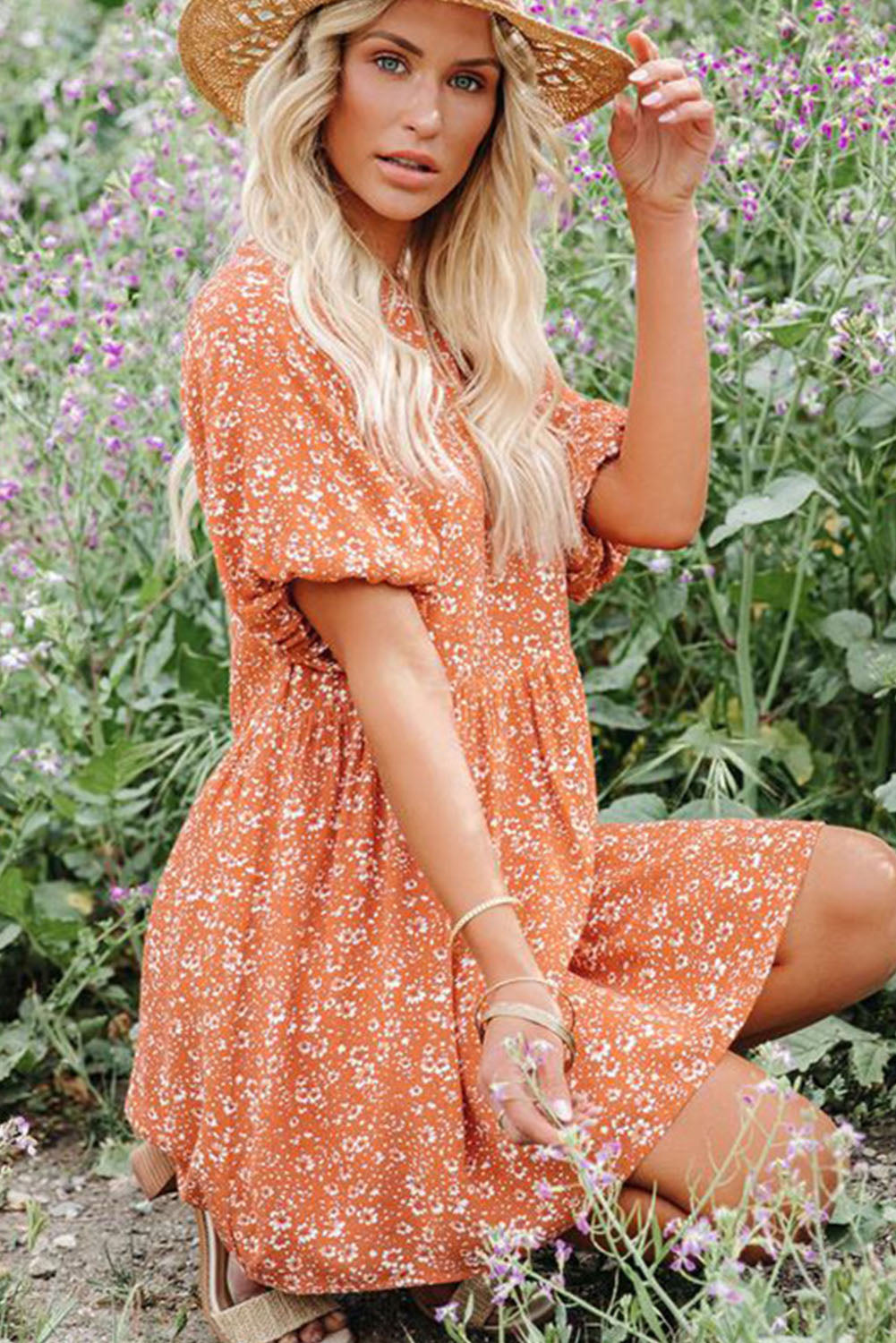 Orange Floral Boho Bishop Sleeve Short Dress