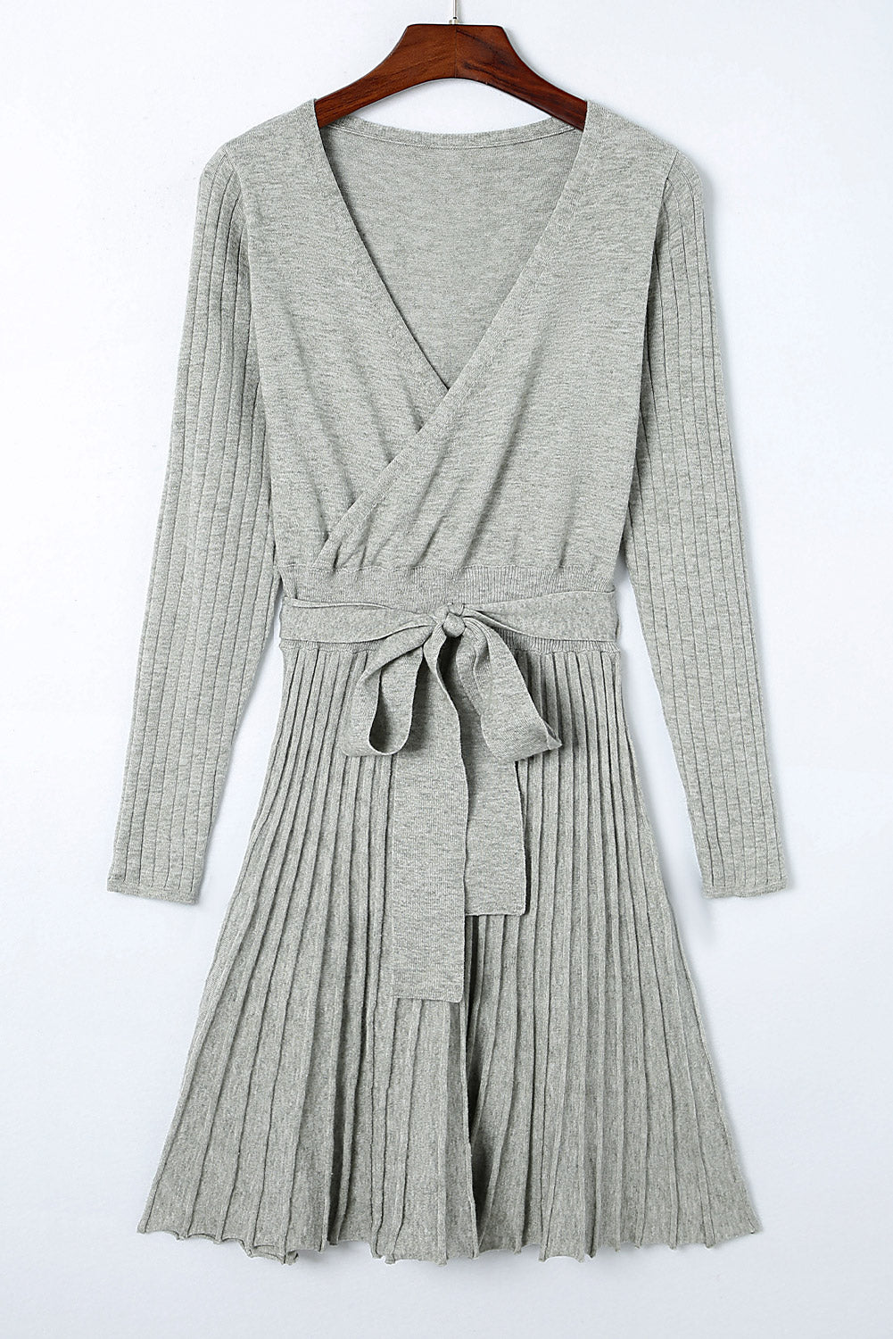 Brown Belted Wrap V Neck Ribbed Pleated Sweater Dress