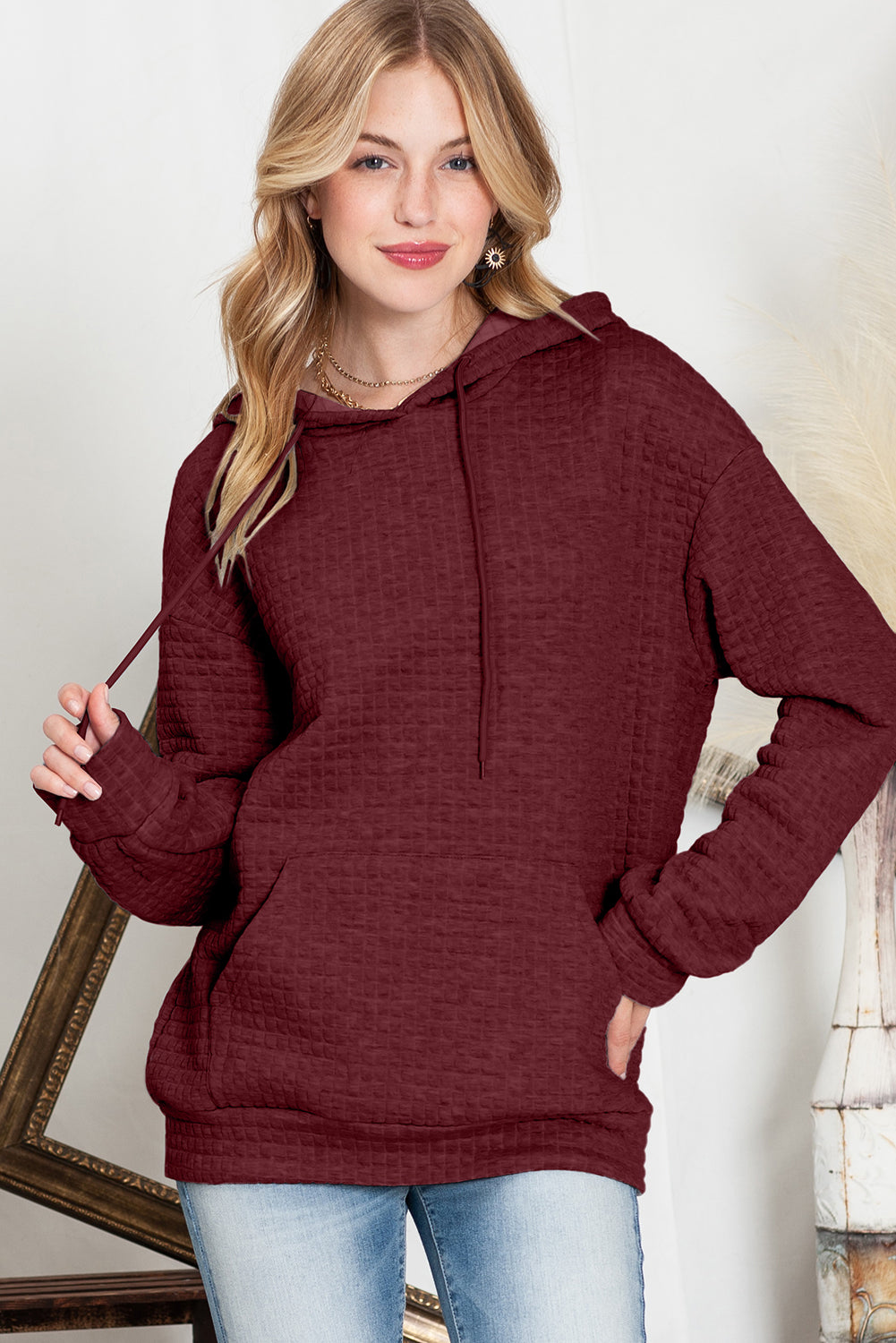 Khaki Lattice Textured Kangaroo Pocket Drawstring Hoodie
