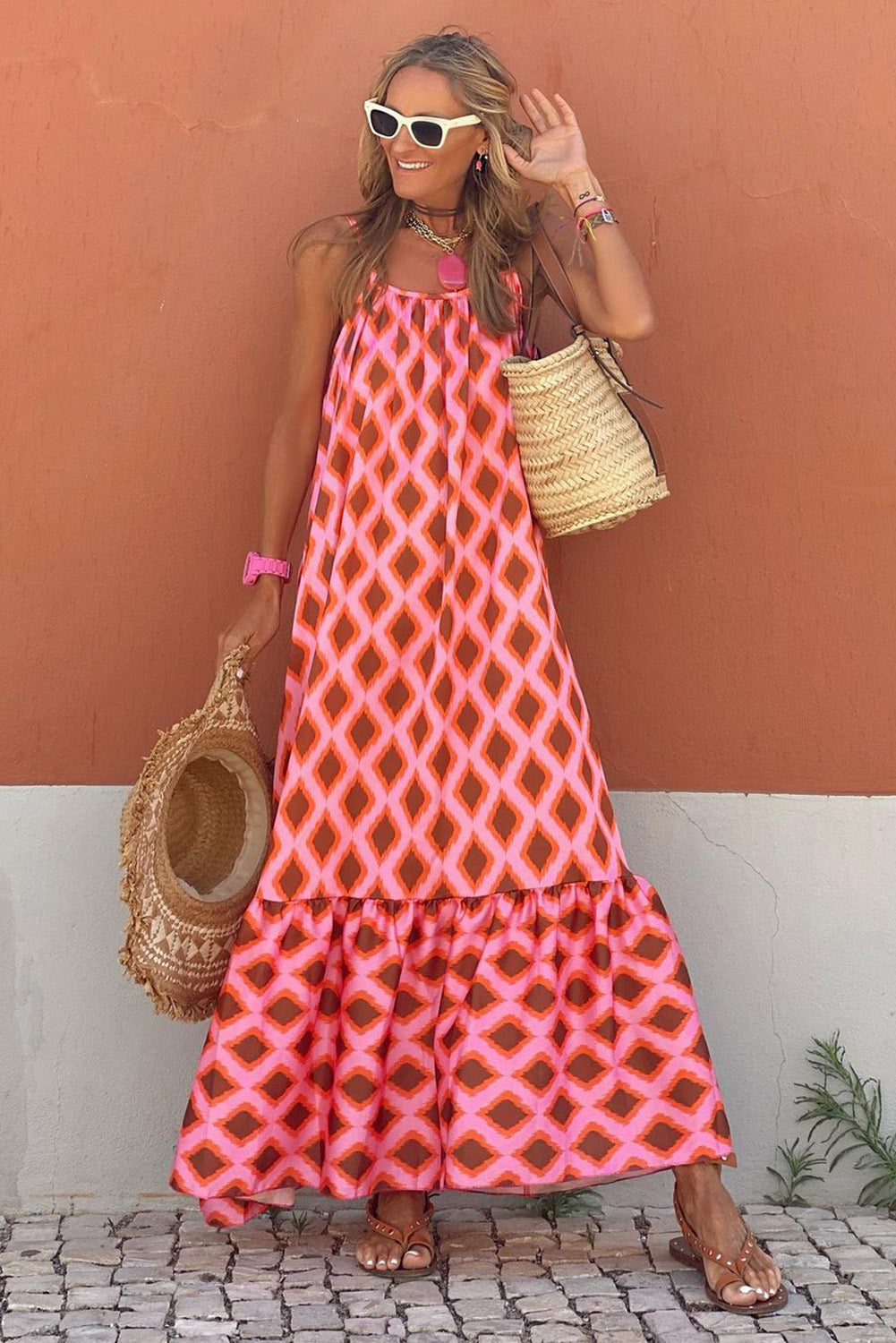 Blue Geometric Print Loose Fit Sleeveless Maxi Dress