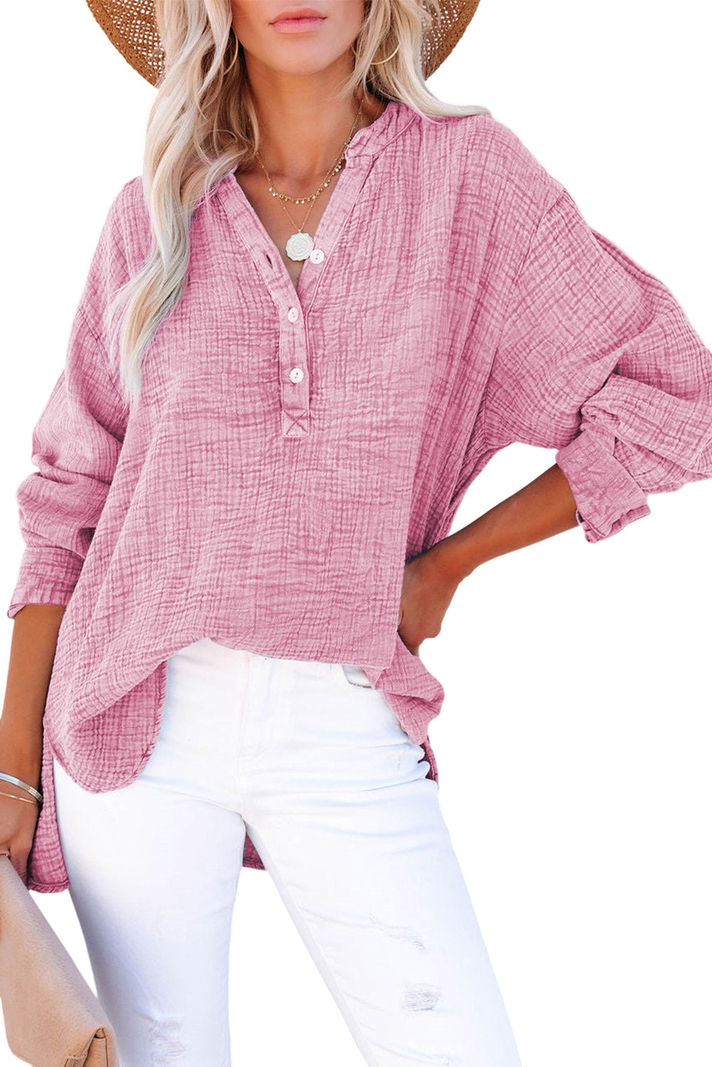 Sky Blue Loose Crinkle Button V Neck Henley Top