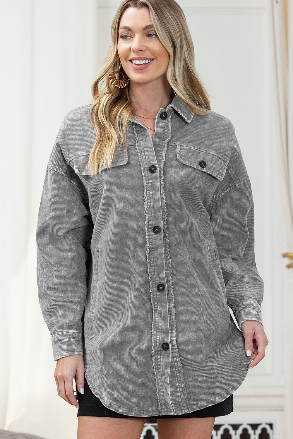 Khaki Vintage Distressed Mineral Wash Oversized Shacket