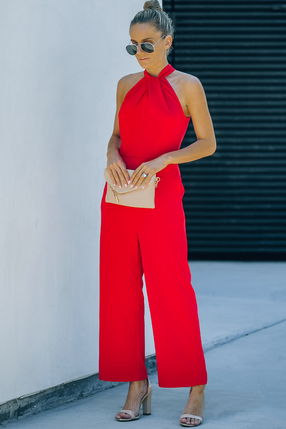 Casual Twist Neck Back Cut Out Sleeveless Red Jumpsuit