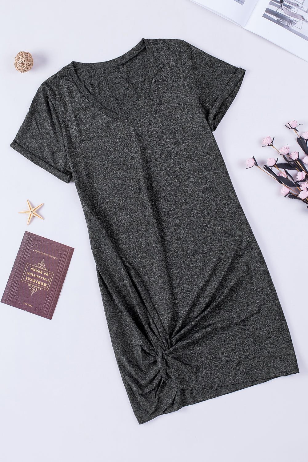Casual V Neck Short Sleeve Twist Front Short Basics Dress