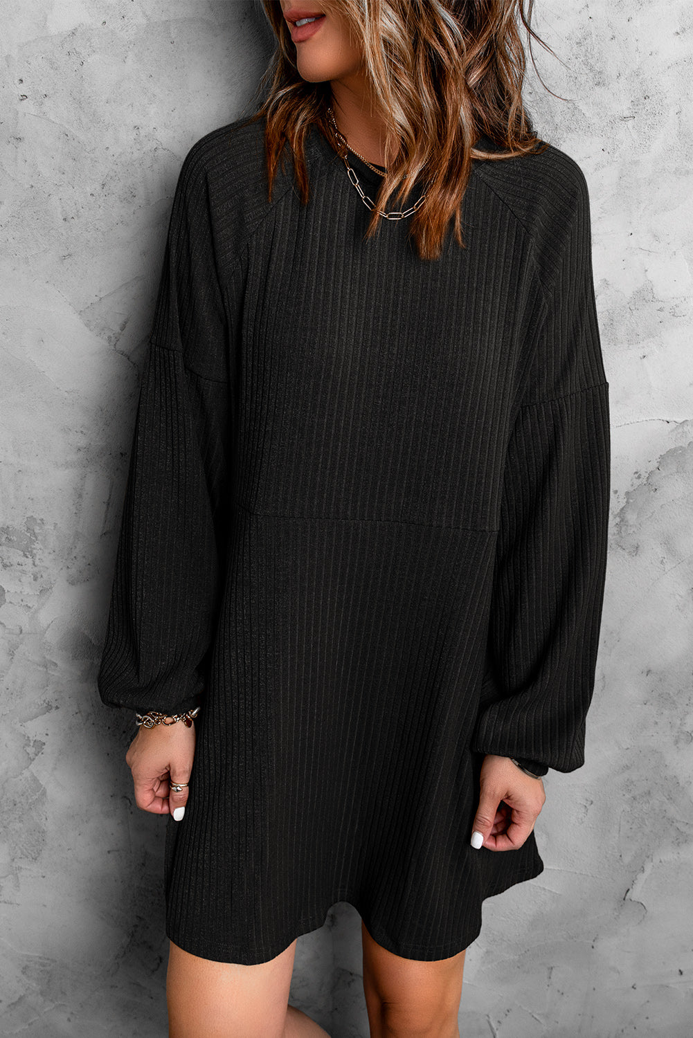 Black Round Neck Empire Waist Ribbed Short Knit Dress