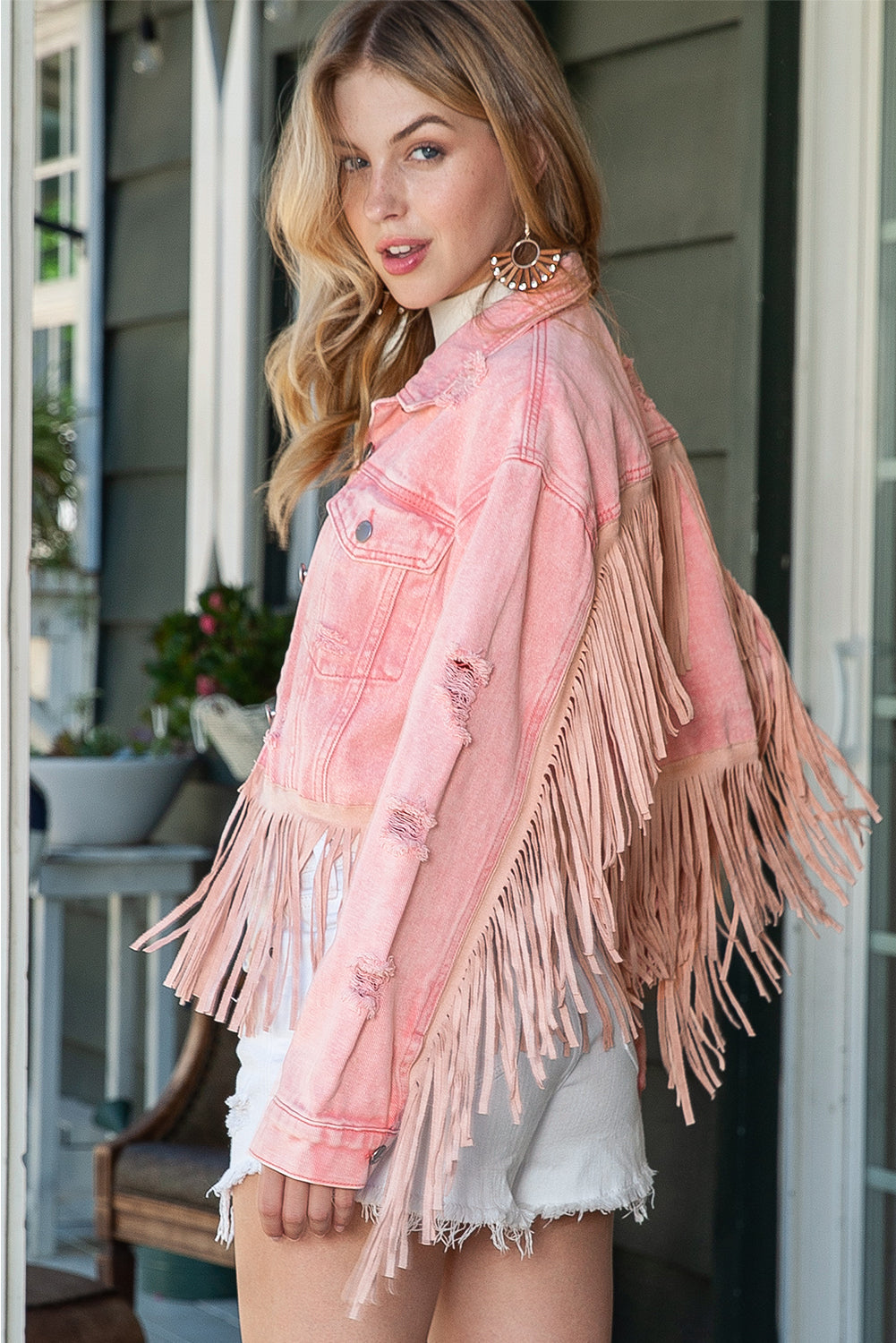 Pink Distressed Ripped Fringe Hem Cropped Denim Jacket