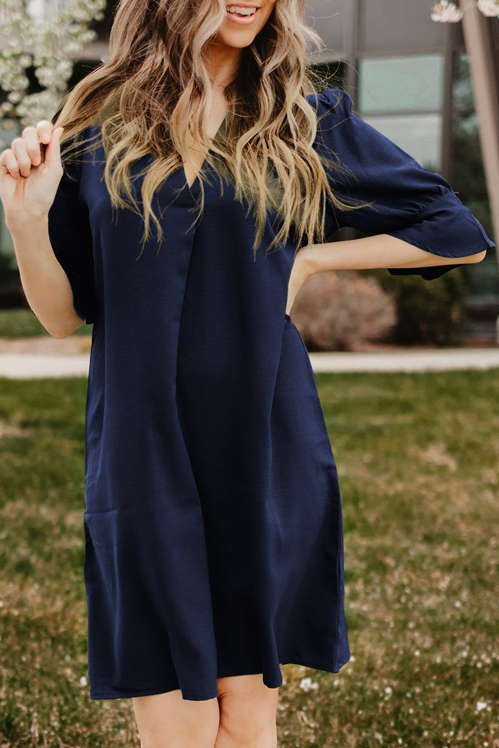 Navy Blue Split V Neck Short Sleeve Tunic Dress