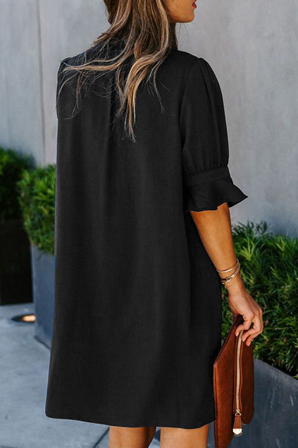 Navy Blue Split V Neck Short Sleeve Tunic Dress