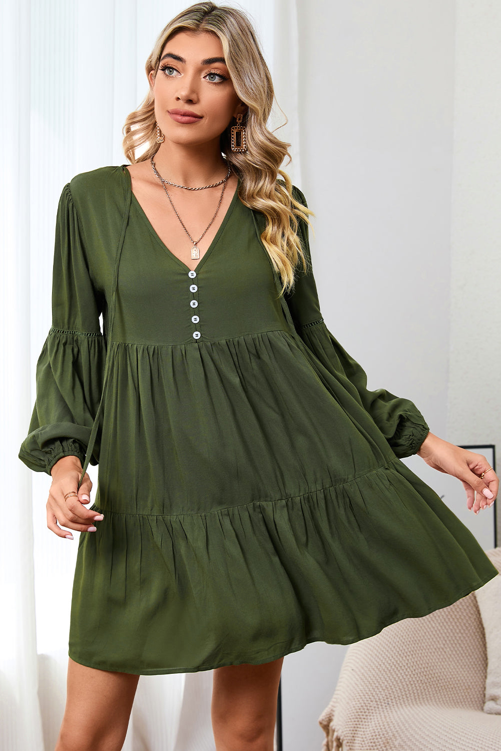 Verdant Bishop Sleeve Tie Front Tiered Pleated Short Dress