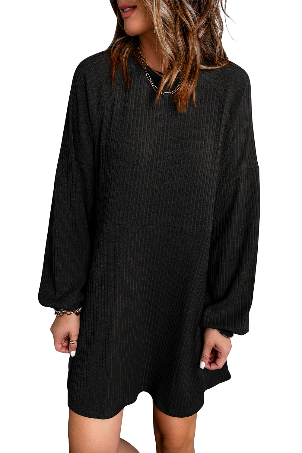 Black Round Neck Empire Waist Ribbed Short Knit Dress