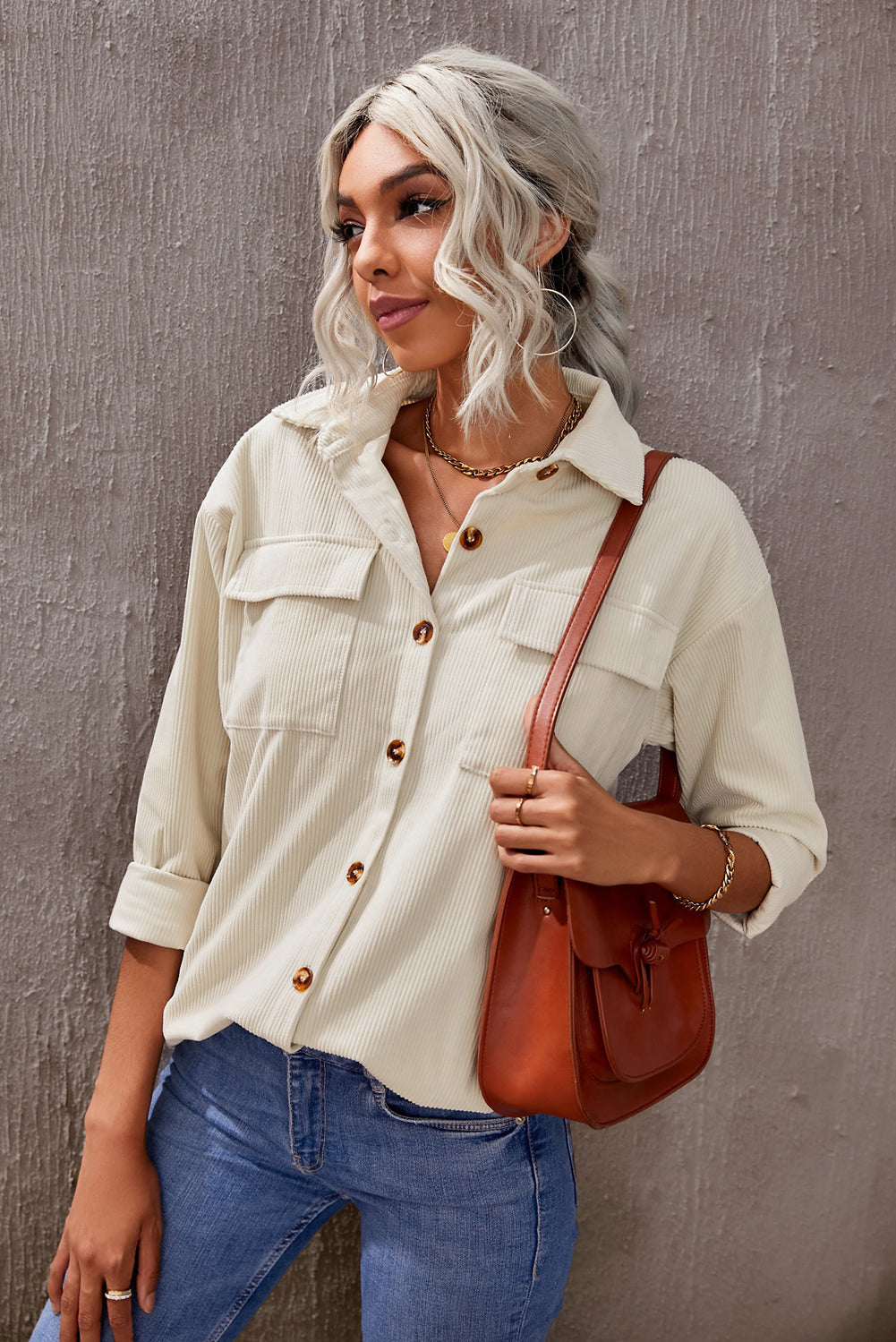 Pocketed Button Ribbed Textured Shacket
