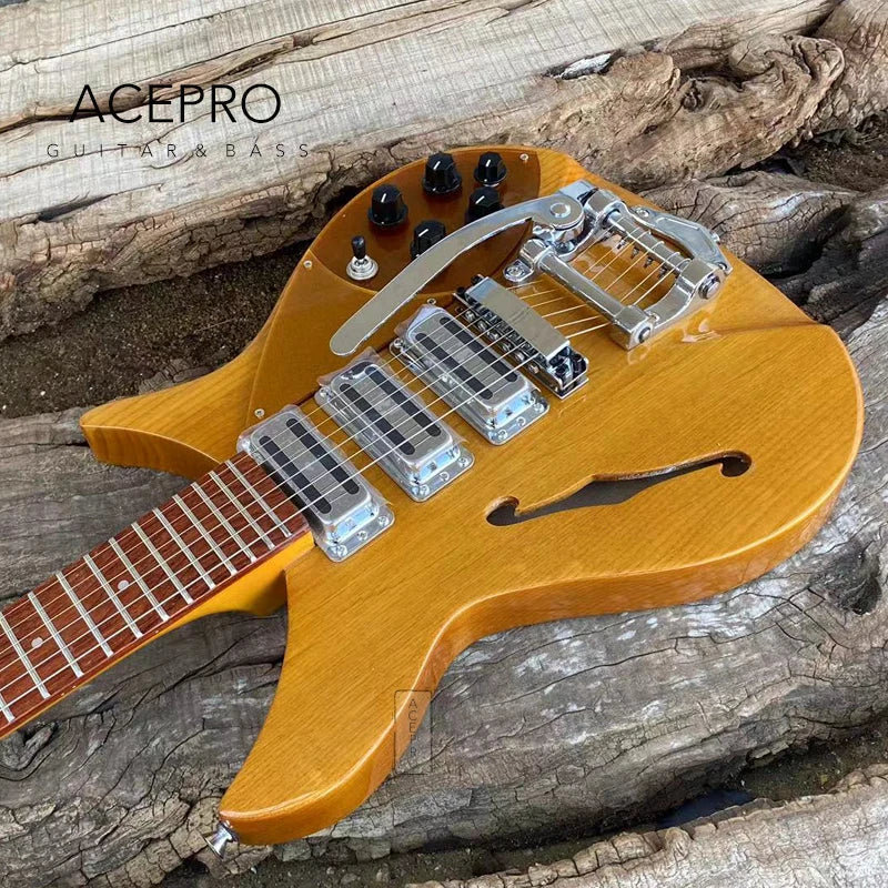 Light Yellow Alder Body, 325 F-hole Semi Hollow Body Electric Guitar (Tremolo Bridge, Three Pickups, 20 3/4 Scale)
